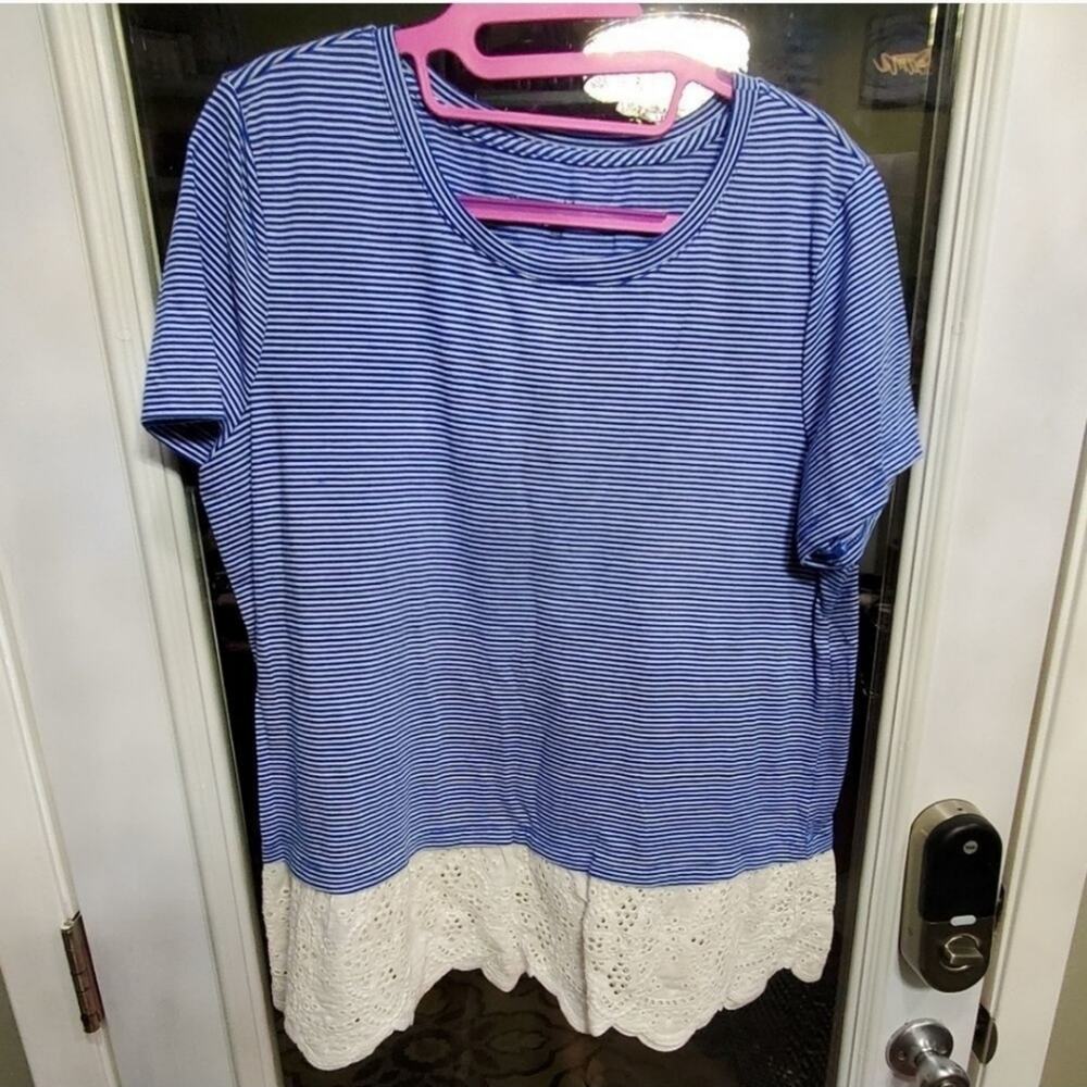 Rebecca Malone blue and white striped lane trimmed tunic size large
